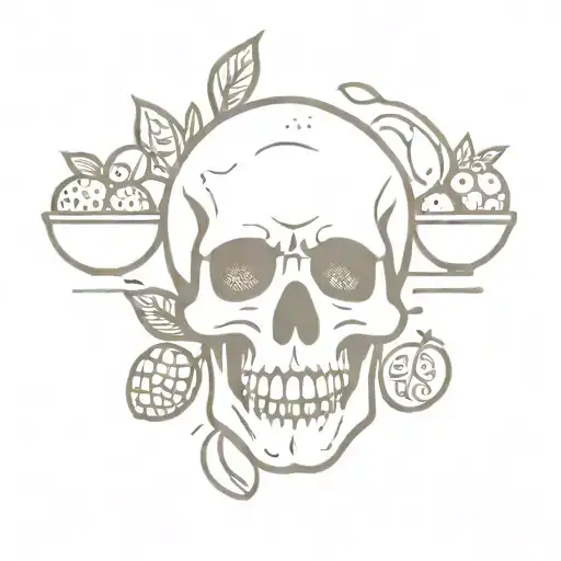 A Dark And Moody Tattoo Of A Skull Surrounded By Various Food Items Representing Different Emotions