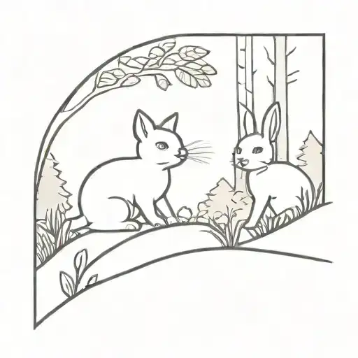 Create A Tattoo Featuring A Cat And Rabbit Playing In A Forest Setting