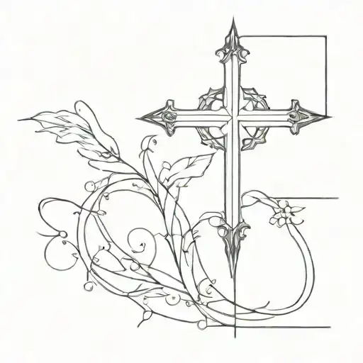 Gothic Cross Fine Line Art Tattoo Design Combining Elements
