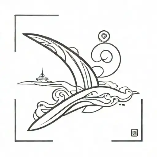 A Minimalist Design Of A Surfboard With A Wave And Indonesian Om Symbol Incorporated Inside