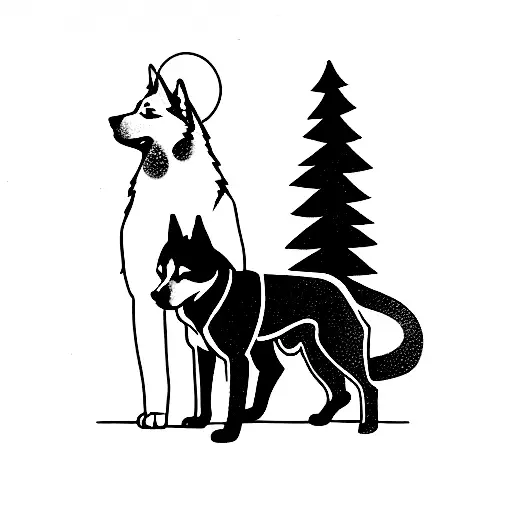 Husky Under Tree With Two Cats