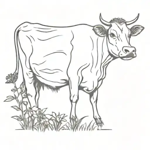 A Minimalist Tattoo Of A Cow Grazing In A Field Of Weed Plants