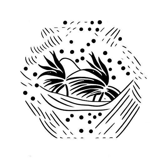 A Dotwork Design Of A Beach Scene With Crashing Waves And Palm Trees