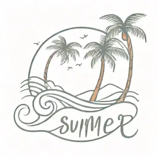 A Minimalist Palm Tree And Ocean Wave Design With The Word 'Summer' Incorporated