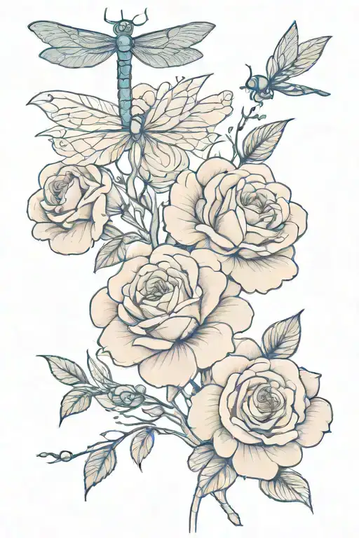 Pink Roses With One Blue Dragonfly Landing