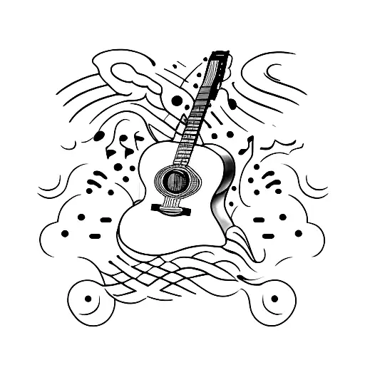 A Minimalist Tattoo Of A Smoke-filled Guitar With Musical Notes