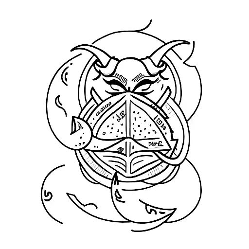 A Minimalist Tattoo Of A Demon Reading A Book Under A Crescent Moon