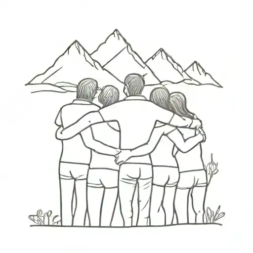 A Minimalist Tattoo Of A Group Of Friends Hugging Surrounded By Trees And Mountains