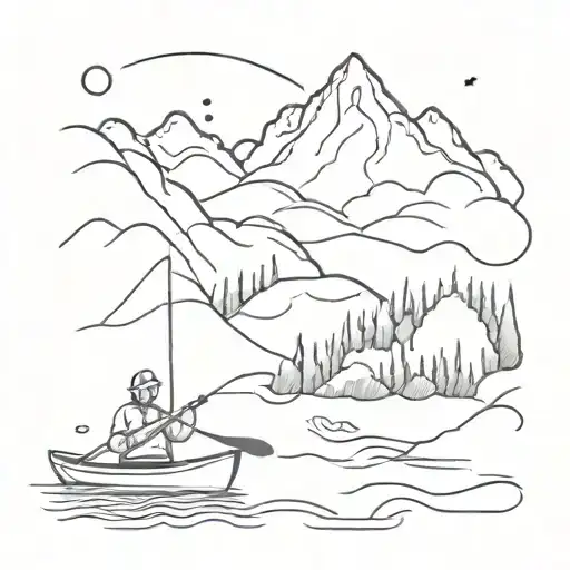 A Mountain Landscape With A Winding River And A Kayak Floating Peacefully On The Water