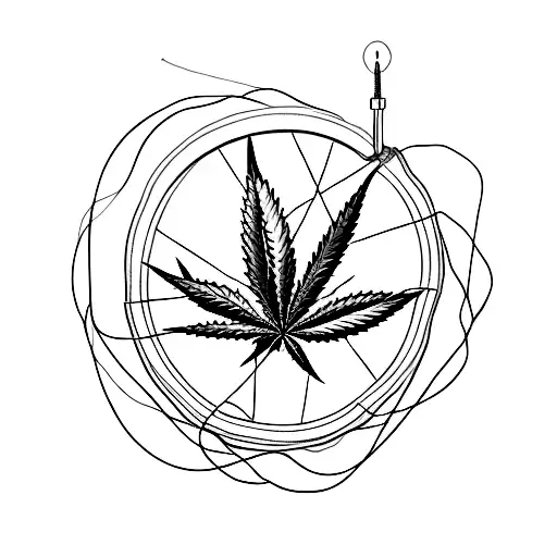 A Minimalist Tattoo Of A Marijuana Leaf Intertwined With A Spool Of Thread
