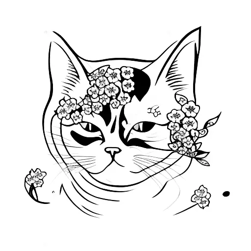 Tattoo Of A Cat Surrounded By Cherry Blossoms