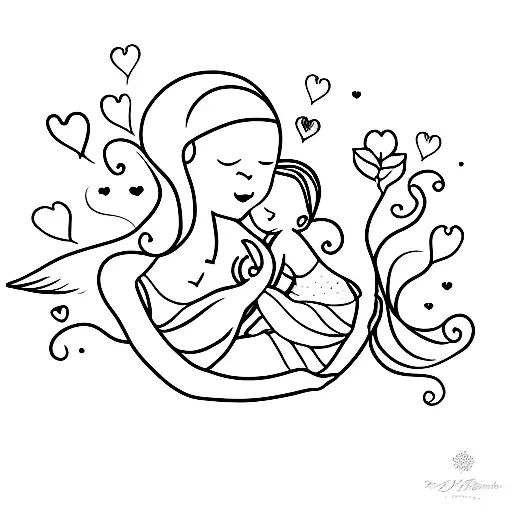 A Minimalist Tattoo Of A Mother Embracing Her Child With A Heart Symbolizing Love