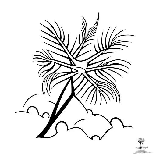 A Minimalist Tattoo Of A Beach Scene With Palm Trees And Seagulls