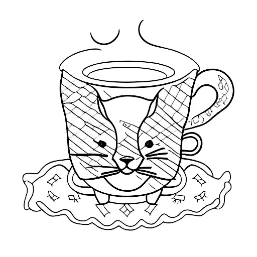 A Blackwork Tattoo Of A Cat Sitting On A Coffee Cup