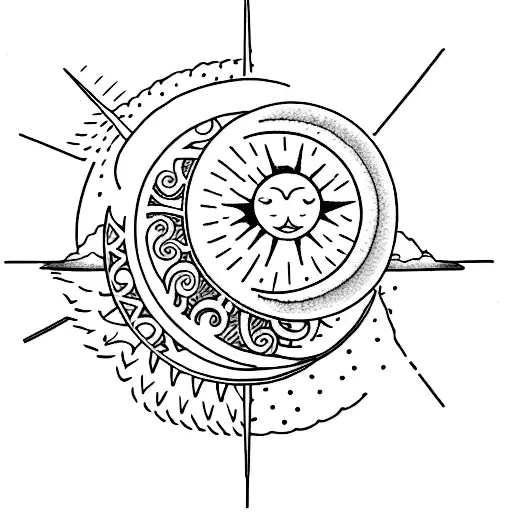 A Dotwork Tattoo Showcasing A Sun And Moon Surrounded By Travel-inspired Elements