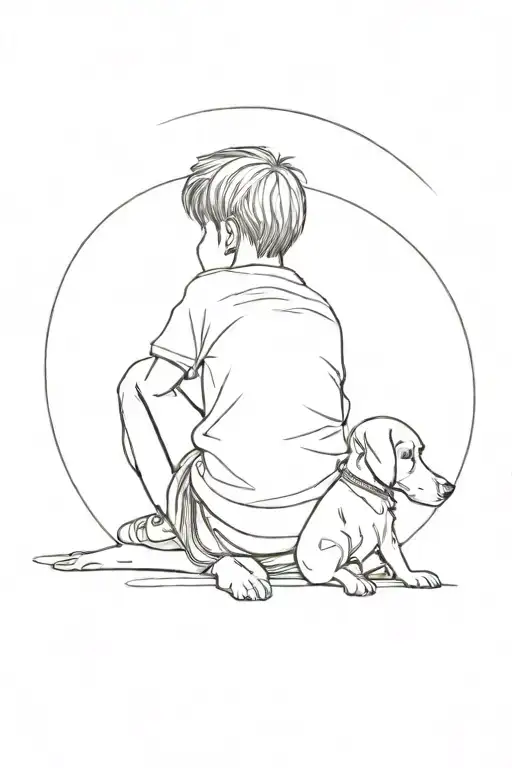 Young Kid With Dog Sitting Minimal Line Art From Back
