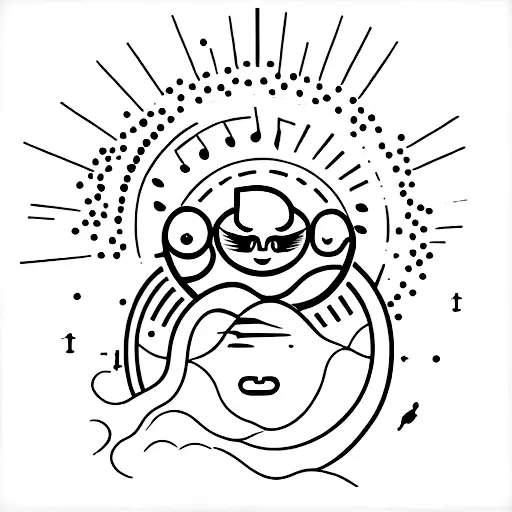 A Serene Landscape With A Coffee Bean Sun And Musical Instruments Scattered Around