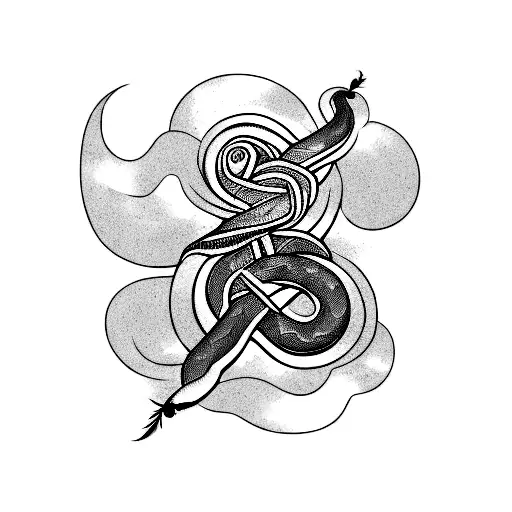 A Stylized Blackwork Tattoo Of The Number 13 Intertwined With A Snake And A Feather