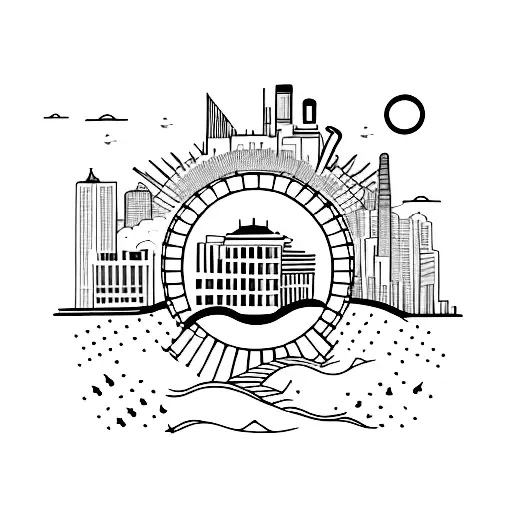 A Sunset Skyline With Musical Instruments As Buildings