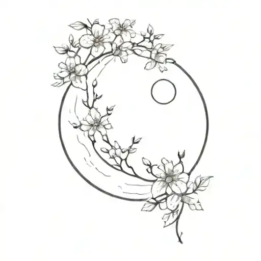 A Minimalist Tattoo Of A Full Moon With A Trail Of Blooming Flowers