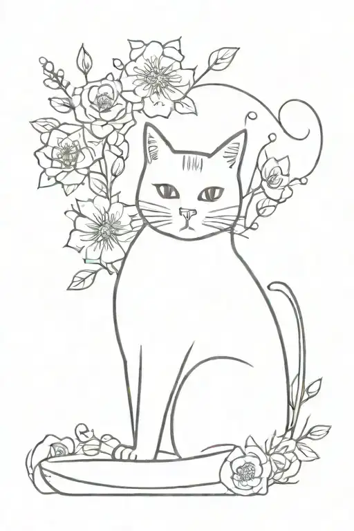 A Minimalist Design Of A Cat Surrounded By A Variety Of Beautiful Flowers