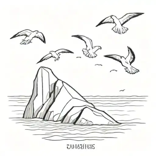 A Rock That Can Be Seen Below And Above The Water Mostly Below And Three Seagulls In The Sky