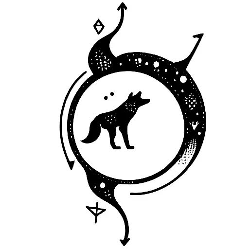 The Outline Of A Wolf Howling At The Moon With The Libra Horoscope Incorporated Into The Design