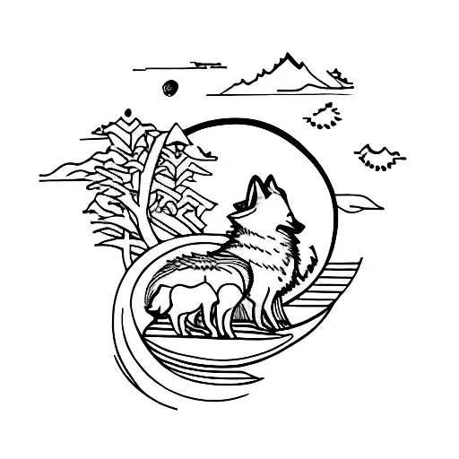 Wolf And Cub Howling Over A Moon