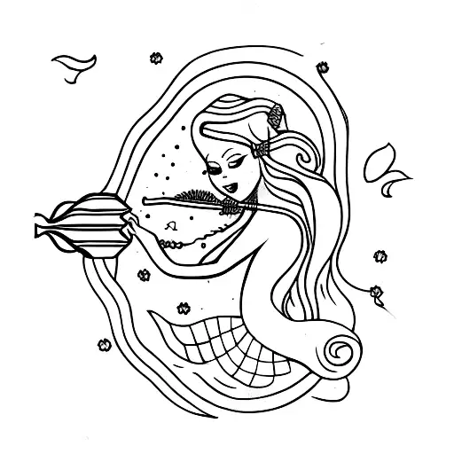 A Blackwork Tattoo Of A Girly Mermaid Sipping A Cocktail On Top Of A Giant Seashell