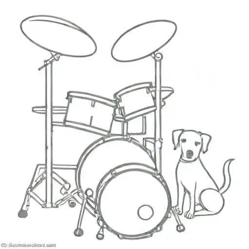 A Minimalist Tattoo Of A Drum Set With A Dog Sitting Beside It