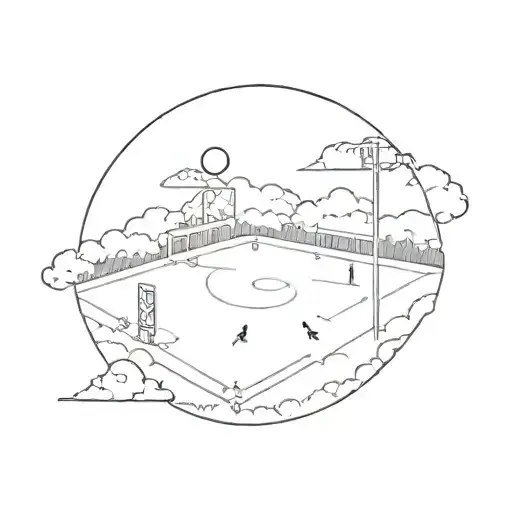 A Minimalist Depiction Of A Soccer Field With A Subtle Image Of The Virgin Mary In The Clouds Above
