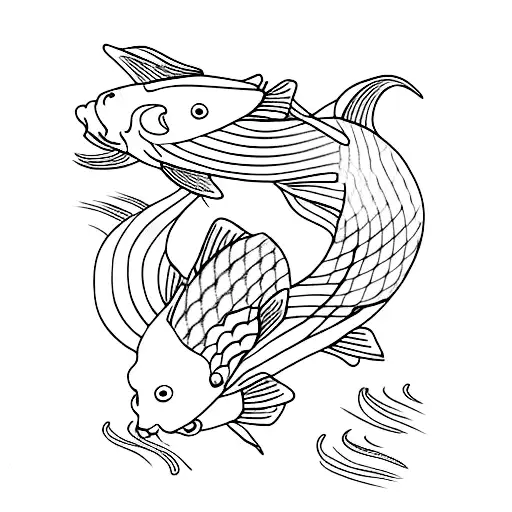 Two Koi Fish With Jasmine Flower Fine Line With Shading Very Simple No Details Just Fish And Flower