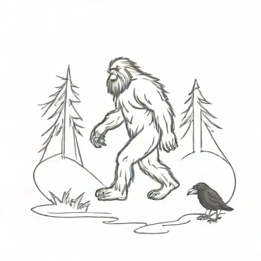 A Minimalist Design Featuring Bigfoot And A Crow In A Mysterious Forest Setting