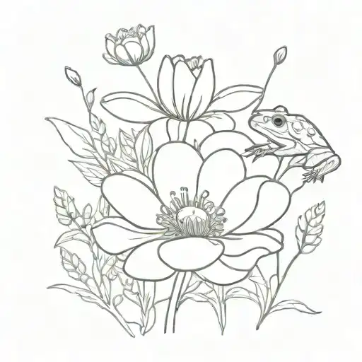 Cosmos And Marigold Flowers With Stems With Small Frog