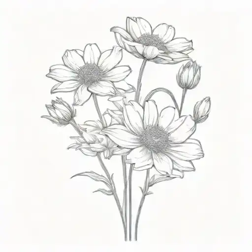 Cosmos And Marigold Flowers With Stems With Small Frog