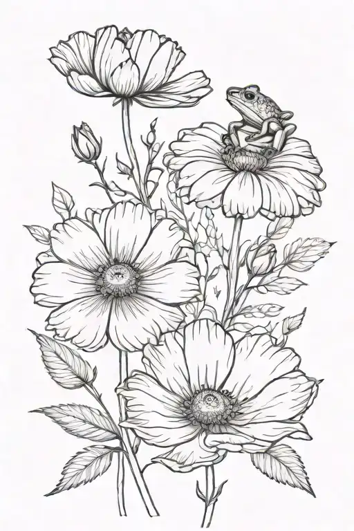 One Cosmos And One Marigold Flowers With Stems With Small Frog