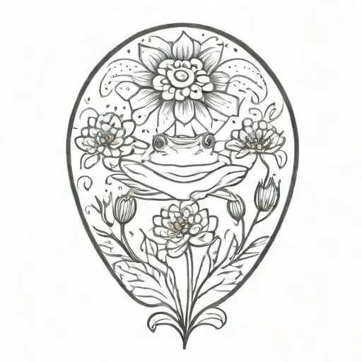 Cosmos And Marigold Flowers With Stems With Small Frog