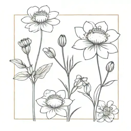 Cosmos And Marigold Flowers With Stems With Cute Small Frog Holding The Flowers