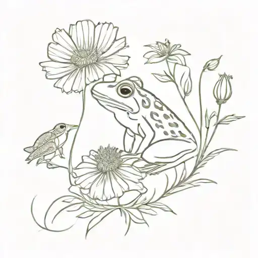 Marigold And Cosmos Flowers With Frog Sitting