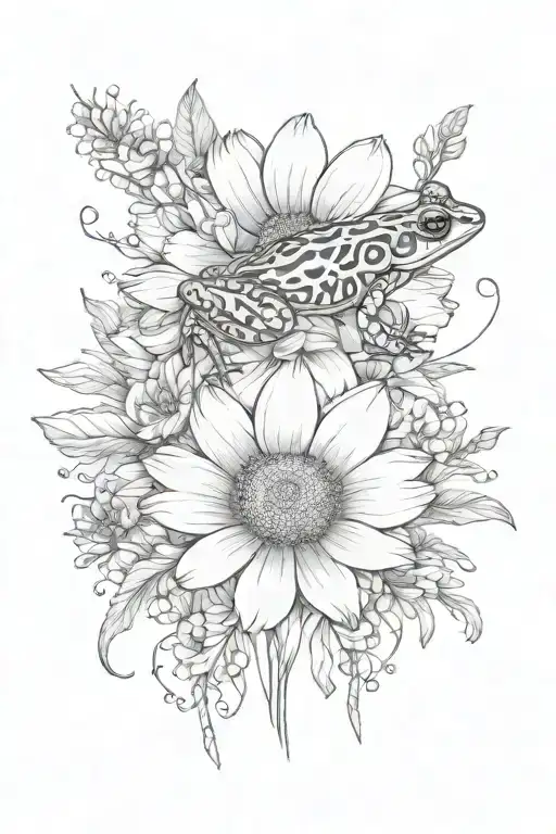 Cosmos And Marigold Flowers With Stems With Small Frog