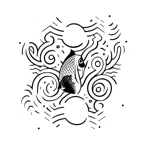 A Minimalist Tattoo A Rock With A Fish Head In The Ocean And Waves