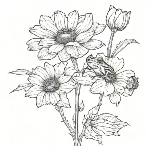 Cosmos And Marigold Flowers With Stems With Small Frog