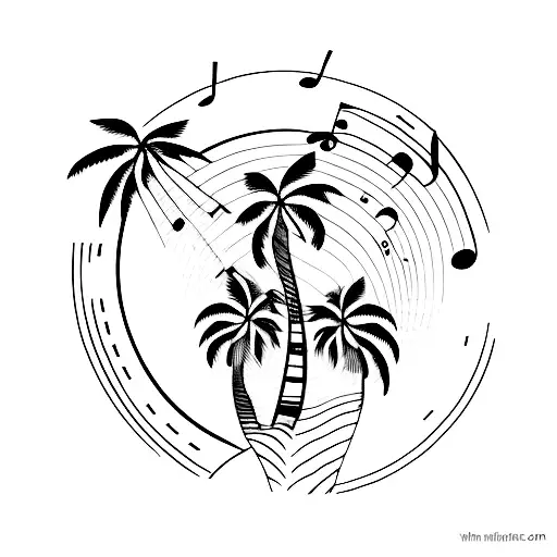 A Minimalist Tattoo Of A Beach Scene With A Palm Tree Made Out Of Music Notes
