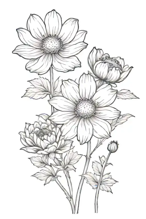 One Cosmos And One Marigold Flowers With Stems With Small Frog