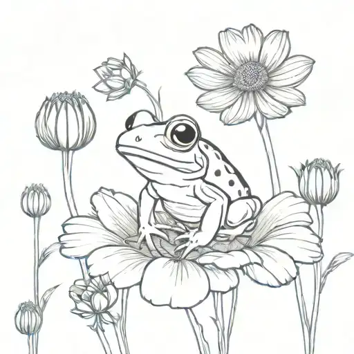 Cosmos And Marigold Flowers With Stems With Cute Small Frog Sitting