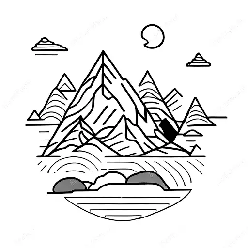 A Minimalist Tattoo Of A Mountain Landscape With A Hiker In The Foreground
