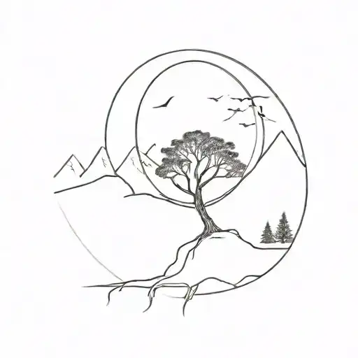 Tree Of Life Then Split Horizontally And Then Mountains Below It With A Nature Scene Featuring Trees