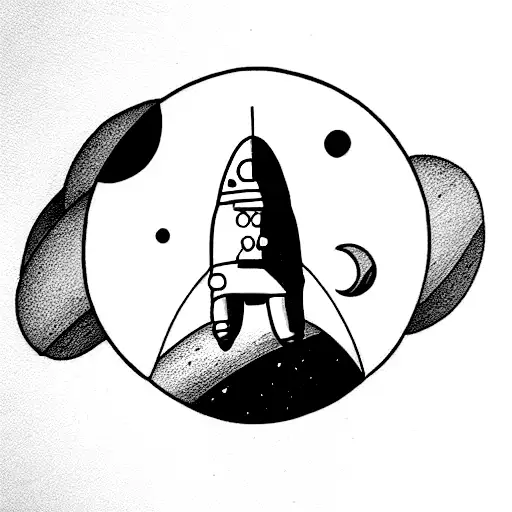 Minimalist And Fine Line Tattoo Style Of An Astronaut Sitting On A Round Moon Below Him