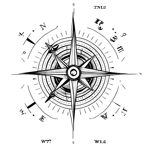 Minimalistic Compass Surrounded Ocean Waves And A Motoryacht Underneath The Compass Rose