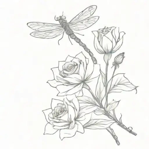 Dragonfly Hovering A Rose And Aster Flower Bouquet
